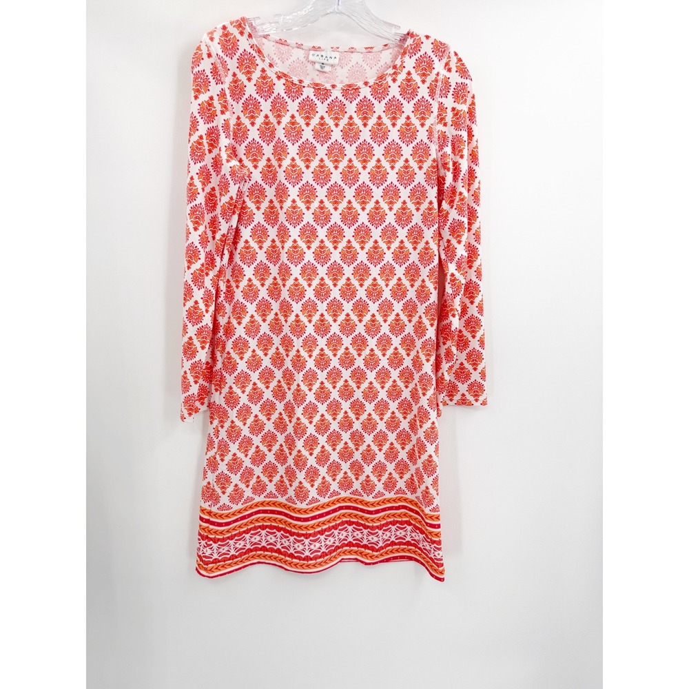 Cabana Life Women Orange Pink Damask Print Long Sleeve Shift Dress upf 50 Medium
